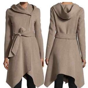 Zac Posen taupe brown wool blend hooded asymmetrical handkerchief belted coat 6
